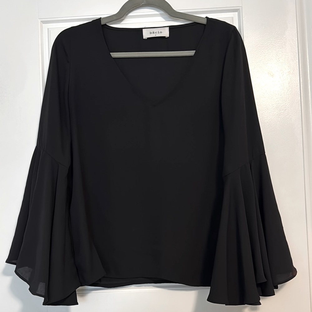 Black Asymmetrical Ruffled Bell Sleeve Blouse